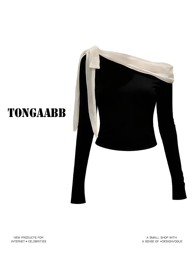 Women's Black Slash Neck T-shi - Retro Vintage Korean Fashion review and price