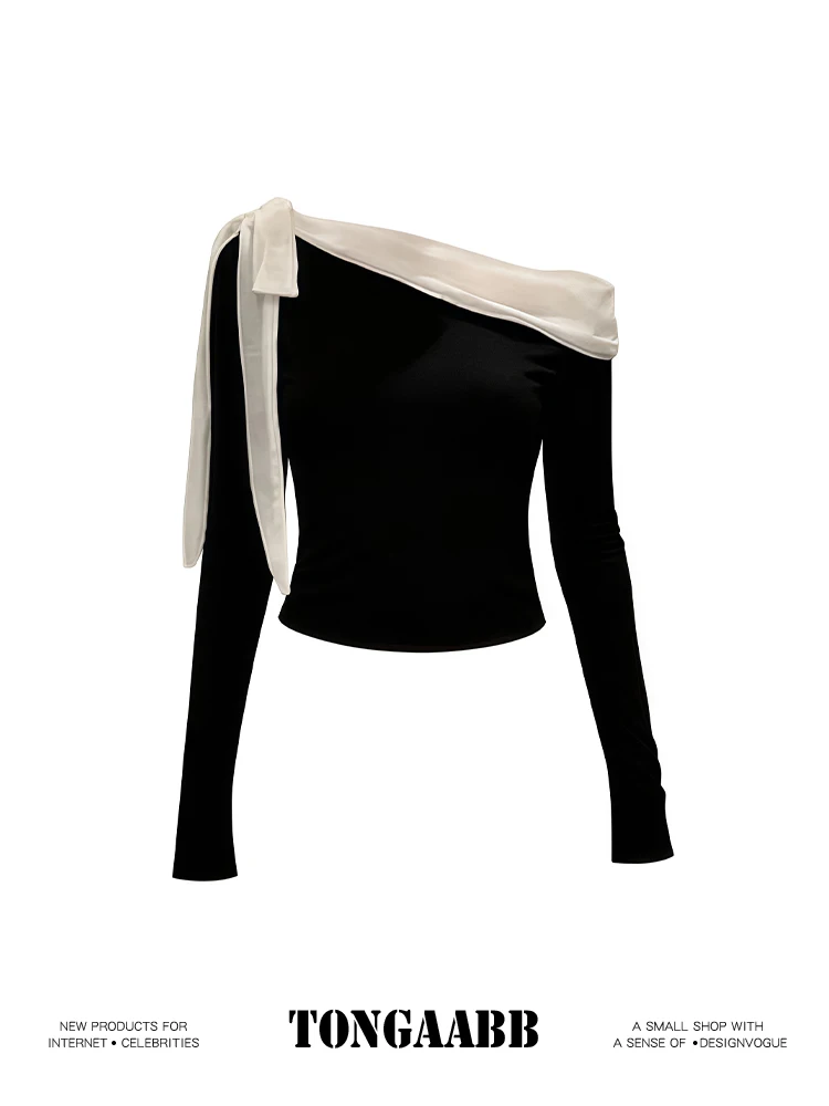 Women's Black Slash Neck T-shi - Retro Vintage Korean Fashion review and price